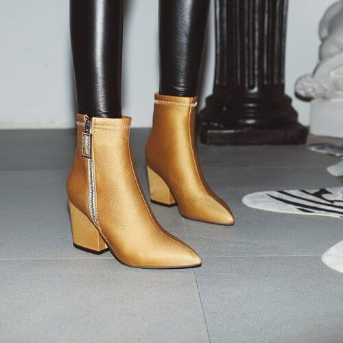 Women shoes 2021 winter high heel ankle boots silk Pointed Toe Square heel shoes for women