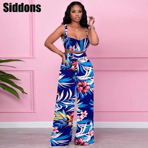 Women Floral Leaves Print Spaghetti Strap Crop Top and Loose Wide Leg Pant Sets Outfits