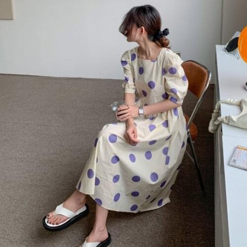 Women Summer Vintage Purple Big Dot A-line Long Dress High Waist Draped Square Collar Midi Sundress with Pocket