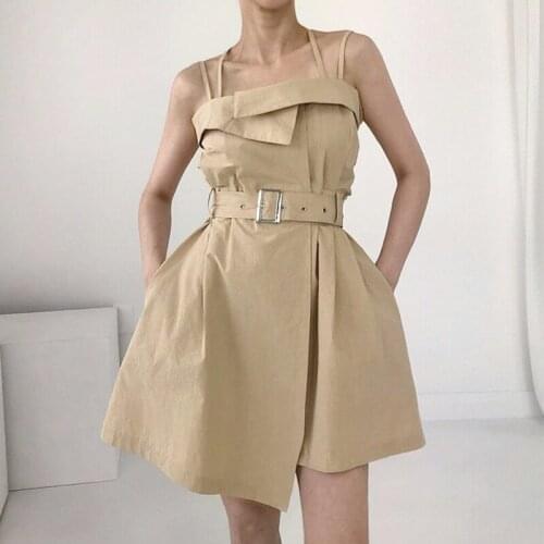 Sannian Women Dress 2021 New Summer Young Fashion Machine Cross Back Hollow Ring Buckle Belt Irregular Sling Dress Women Clothes