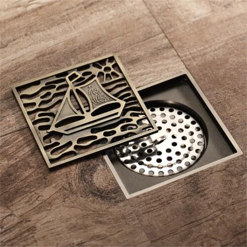 10x10cm Shower Drain Outlet Square Bathtub Drain Outlet Filter Mesh Hair Brass Art Carved Sailboat Bathroom Floor Drain Outlet