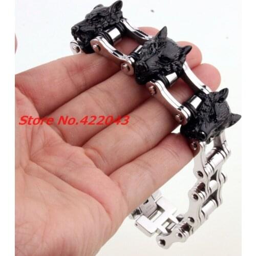 9" 21mm Wolf Heads Silver color Black Biker Motorcycle Chain 316L Stainless Steel Bracelet Boy Mens Cool Jewelry Wholesale