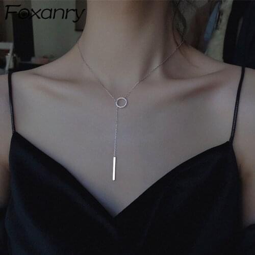 Foxanry 925 Sterling Silver Charm Chain Necklace for Women New Fashion Shiny Circle Pendant Clavicle Chain Bride Jewelry Gift