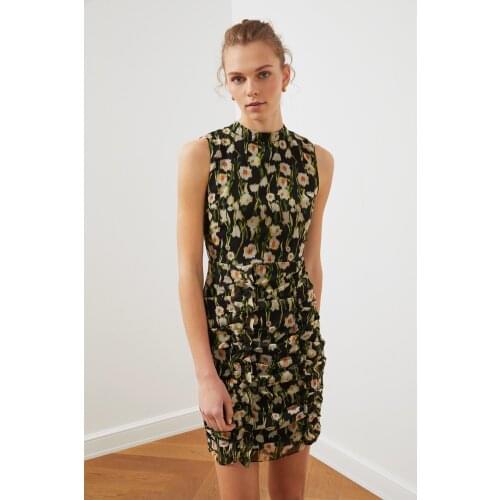 Black Standing Collar Sleeveless Floral Dress Draped Detailed Womens Casual Party Street Dress