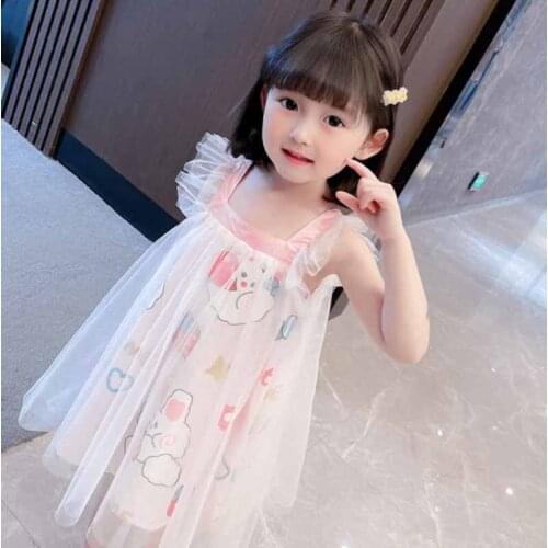 Cultiseed Baby Children Girls Cute Summer Square Collar Cartoon Print Patchwork Mesh Sleeveless Dress Kids Holiday Casual Gowns