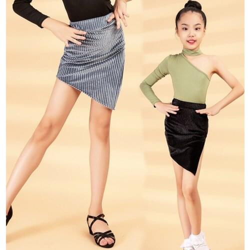 Kids Latin Dance Costume Velvet Oblique Hem Skirt Samba Rumba Cha Cha Practice Performance Wear Girls Black Skirts DNV14329