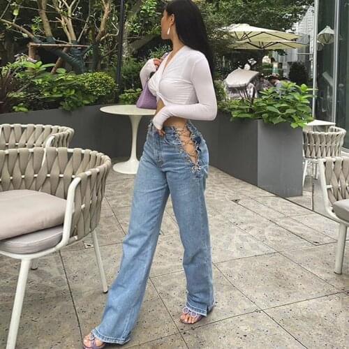 Europe Custom Chain Denim Jeans Womens Loose 2021 Sexy High Waist Straight Tube Wide Leg Pants Design Europe America 9CPL