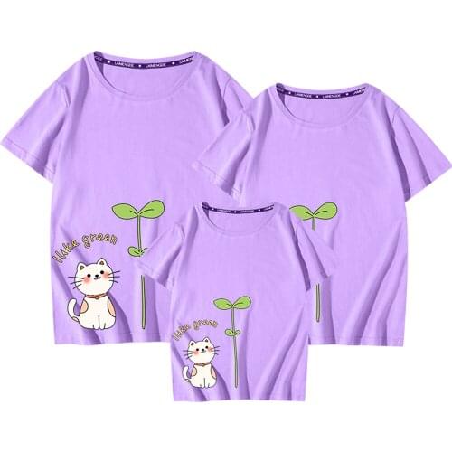 I Like Green Cute Cat Printed Family Matching T Shirts Family Clothes Purple 100%Cotton High Quality Mama Dad Kids T-shirts Tops