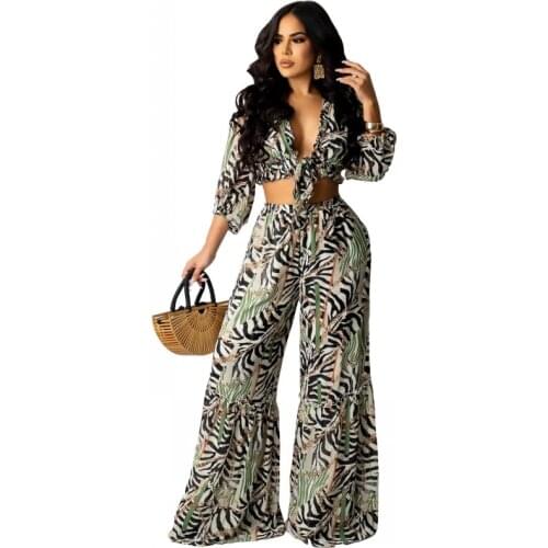 Summer Autumn Two Piece Set Women Tracksuit Clothes African Dashiki Vetement FemmeTops And Wide Legs Pants 2 Piece Sets Outfits