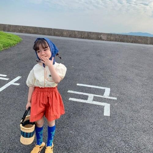 Summer Baby Girls Korean Style Puff Sleeve Embroidered Shirt and Shorts Two-piece Set