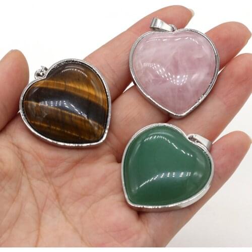Natural Rose Quartzs Amethysts Pendant Metal Alloy Heart Shape Natural Stone Charms for DIY Jewelry Making Necklace 32x35mm