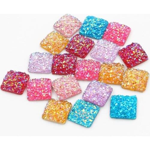 New Style 40pcs 12mm Square Mix Colors Druzy Natural Stone Convex Flat back Resin Cabochons Jewelry Accessories Supplies