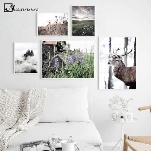 Deer Flower Grass Sunset Landscape Picture Nature Scenery Scandinavian Poster Nordic Style Print Wall Art Canvas Painting