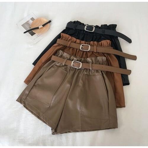 Autumn Winter Women Leather Shorts Female Casual Big Pockets Belt Elastic High Waist PU Leather Shorts Womens Clothing 2019