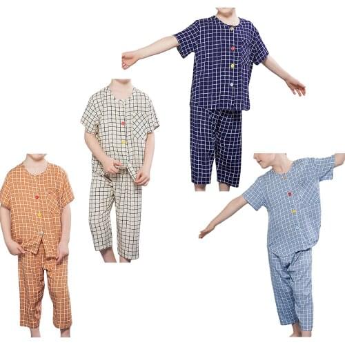2021 Summer Kids Boys Plaid Pajamas Set Short Sleeves Top And Cropped Trousers Sleepwear Suit Children Pyjamas Casual Tracksuit