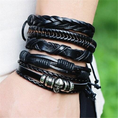 Skull Braided Handmade Black Real Genuine Leather Bracelets 5pcs/set Men Bracelets Women Fashion Jewelry Accessories