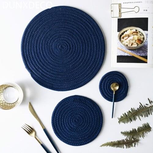 DUNXDECO Table Placemat Pot Cup Mat Set Hot Insulation Round Cotton Thread Blue Pad Modern Mesa Dinner Desk Decoration 3 Pieces