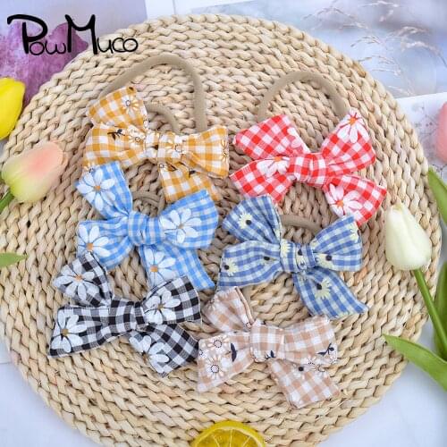 Powmuco Lovely Little Daisy Printed Bowknot Elastic Baby Girls Headband Korean Style Plaid Bows Toddler Hairband Kids Headwear