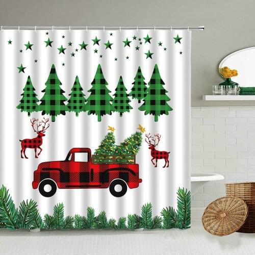 Merry Christmas Shower Curtain Elk Forest Trees Winter Theme Home Bathroom Decor With Hook Hanging Screen Washable Holiday Gift