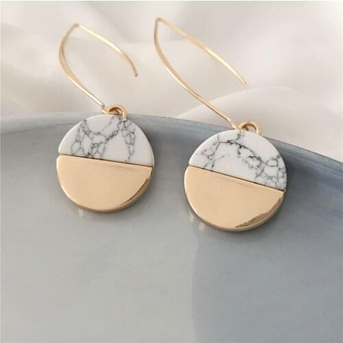 Bohemia Gold Color Plating Half Circle with Marble Stone Big Curved Hook Drop Earrings For Women Gorgeous Elegant Jewelry Access