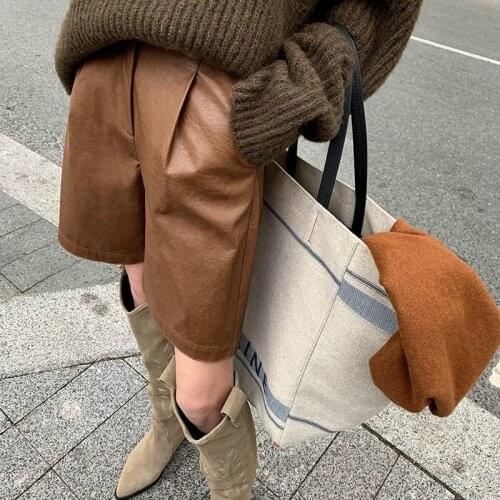 Boosty Bermuda Shorts for Women Ladies High Waisted PU Leather Shorts Pocket Camel Black Knee-Length Trouser Womens Shorts