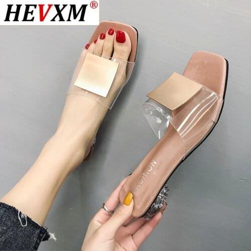 Women Slipper Transparent PVC Square Buckle Med Heels Outside Causal Shoes New Arrival Summer Lady Leisure Comfortable Slipper