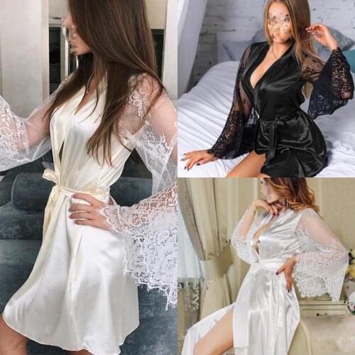 Women Robe Full Length Flare Sleeve Lace Sashes Decorated Big Open Deep V-Neck Solid Color Hollow Out Clothing