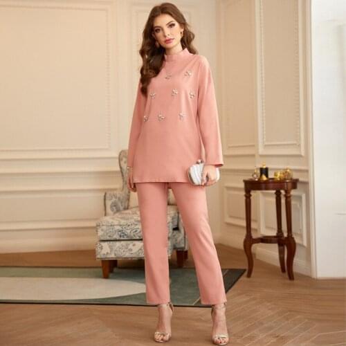 Pink Eid Mubarak Women Suit New Season Diamonds Combination Stylish High Quality Women Turkey Clothing Flexible Spring Summer