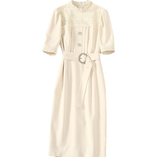 Elegant Work Dress 2021 Summer Business Women Lace Patchwork Beading Button Deco Short Sleeve Midi Bodycon Dress With Belts