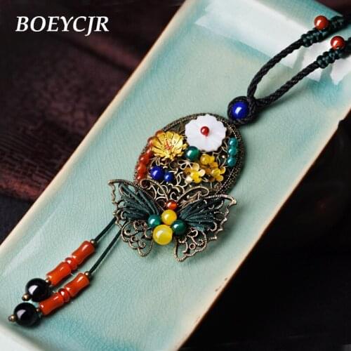 BOEYCJR Elegant & Retro Ethnic Natural Stone Necklace Handmade Jewelry Rope Chain Vintage Pendant Necklace for Women Gift