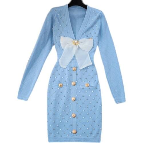 New Autumn Knitted Dress Women V-Neck Long Sleeve Single-Breasted Bowknot Beaded High Waist Bodycon Sweater Mini Dresses Elegant