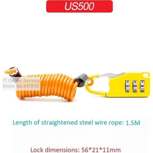1PCS 3 Digit Combination Zinc Alloy Password Padlock Backpacks Zipper Bags Padlock US500 + 1.5M Spring Steel Wire Rope