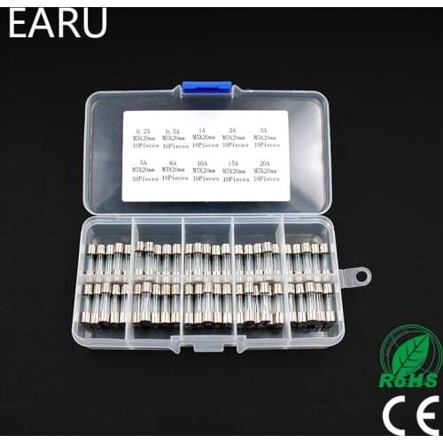 100Pcs Set 5x20mm Quick Blow Glass Tube Fuse Assorted Kits Fast-blow Glass Fuses 0.2A 0.5A 1A 2A 3A 5A 8A 10A 15A 20A 30A Box
