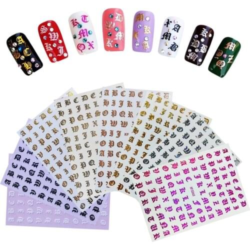 CHNRMJL 8Designs/set 3D Retro Gothic Nail Art Wraps Sticker Decals Hollow Punk Alien Metallic Adhesive Water Transfer Tips Tool