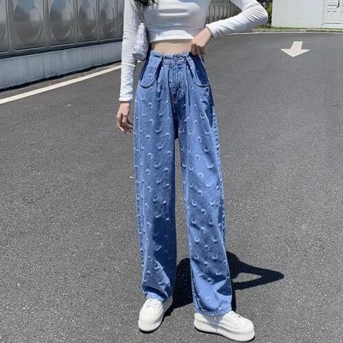 Shnsophi Print Blue Denim Jeans Trousers Femme High Waist Pantalones Vaqueros Mujer Casual Loose Wide Leg Pants Woman Clothes
