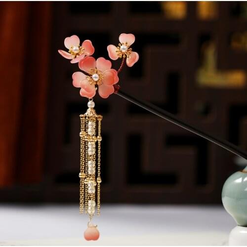 FORSEVEN Vintage Chinese Hairpins Flower Pearls Beads Long Tassels Wooden Hair Fork Bride Noiva Wedding Step Shake Hair Sticks