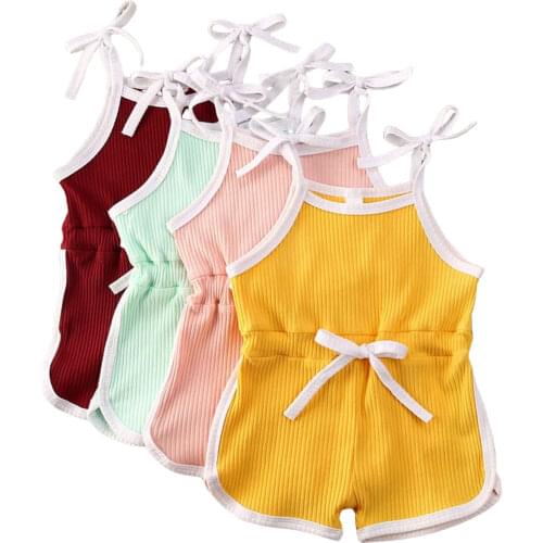 Summer Toddler Newborn Baby Girls Rompers Overalls For Children Solid Sleeveless Belt Jumpsuits Lovely Clothes 4 Colors 0-5Y