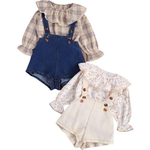 Lioraitiin 0-24M Toddler Infant Baby Girl Fashion 2Pcs Clothing Set Long Sleeve Plaid Top Straps Blue Demin Shorts