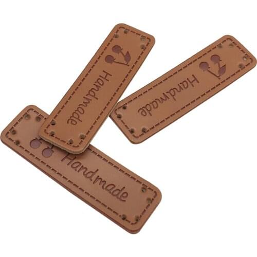 Cherry Logo Hand Made Brown Leather Labels Natural Style Hand Sewing Clothing Label For Children Clothes Leather Decorative Tag