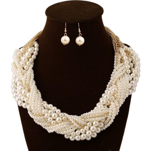 Fashion bridal accessories wholesale Hyperbole multi-layer pearl woven necklace earrings jewelry set
