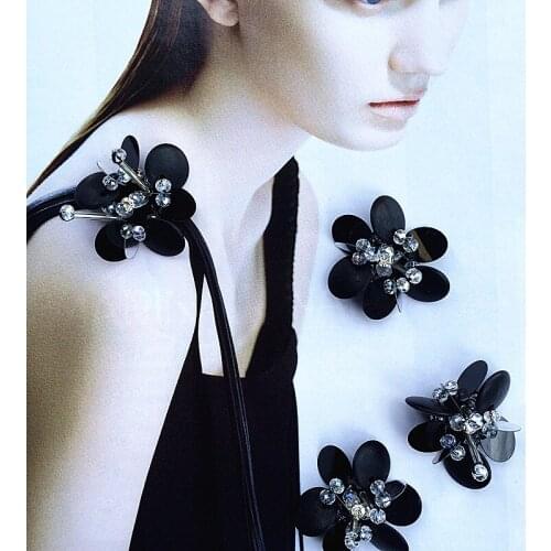 Black flower rhinestone patch apliques de roupa crystal rhinestone applique sew on patches for clothing para vestuario