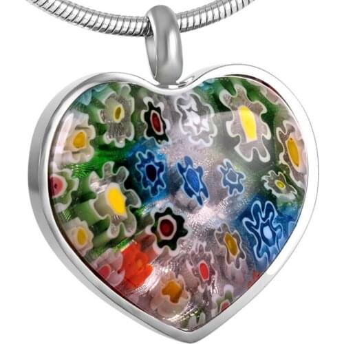 IJD8470 Cheap Stainless Steel Murano Glass Flower Love Heart Urn Pendant Memorial Necklace Cremation Jewelry by Memory House