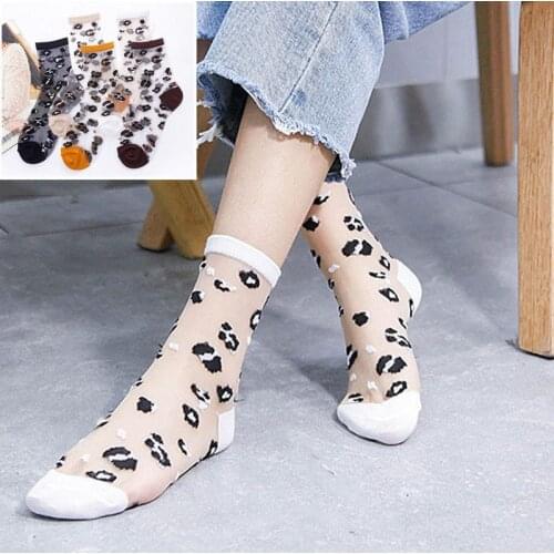 Womens Spring Summer Glass Short Female Thin Crystal Silk Cotton Lace Mesh Boat Socks Low Transparent Leopard Print Sexy Sock