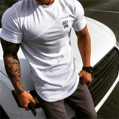 New Mens Patchwork Hip Hop T-shirt Summer Casual Fashion Short Sleeve Tee Tops Male Cotton Mesh Breathable Gym Fitness Clothing