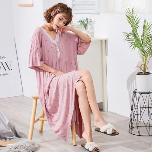 Plus Size 4XL 5XL Loose Women Modal Lace Collar Floral Printed Nightdress Maternity Pajamas Nightdress Leisure Casual Nightgowns