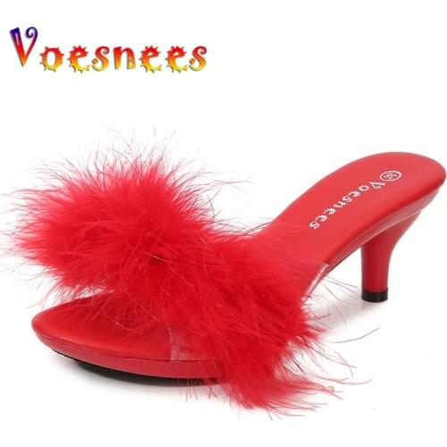 Solid Color Feather Fairy Slippers Summer Transparent Sandals Thin High Heels Sexy Fur Crystal 6cm Low Heel Derss Women Shoes