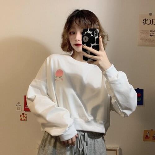Autumn college style loose peach embroidery round neck long sleeve casual short sports shirt simple fashion top