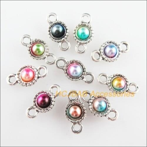 Fashion 30Pcs New Round Charms Mixed Acrylic Flower Connectors Tibetan Silver Tone 6.5x13.5mm