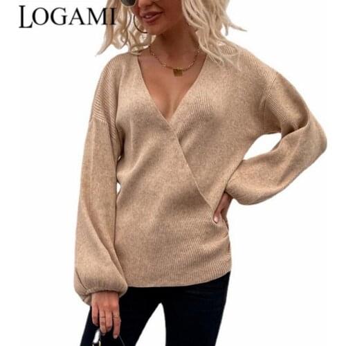 LOGAMI Deep V Neck Sexy Pullover Woman Lantern Sleeve Knitted Sweater Women Autumn Winter Jumpers