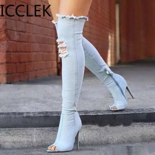 2020 Denim Over Knee Boots Women Pumps Fashion Sexy Open Sock High Heel Boots Zipper Side Heel Winter Boots Women Ladies Shoes